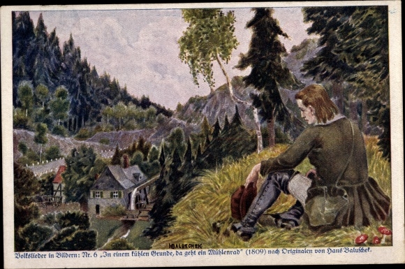 Song artist Postcard Baluschek, Hans, In a cool ground, there goes a mill wheel, folk songs 6