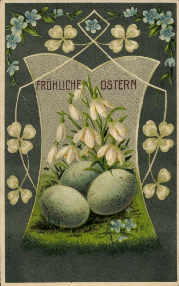 Embossed Postcard Congratulations Easter, Easter eggs, snowbells, lucky clover