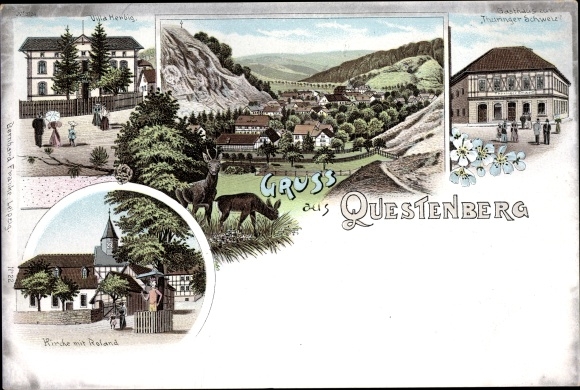 Litho Questenberg Südharz, Villa Herbig, Kirche, Roland, Gasthaus zur Thüringer Schweiz