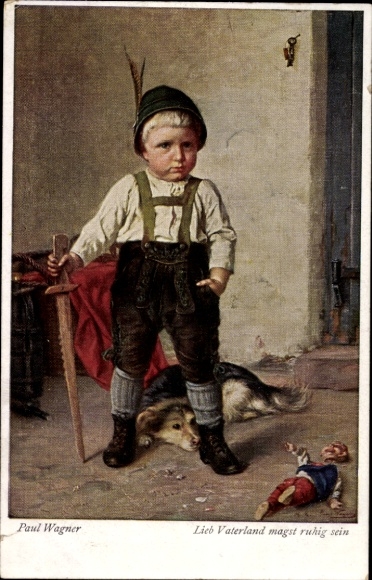 Artist Postcard Wagner, P., boy in Bavarian costume, sword, dear fatherland, may you be calm