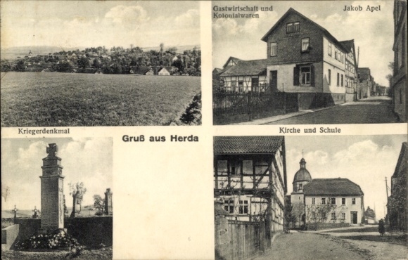 Postcard Herda Berka an der Werra Wartburgkreis, church, school, inn, war memorial