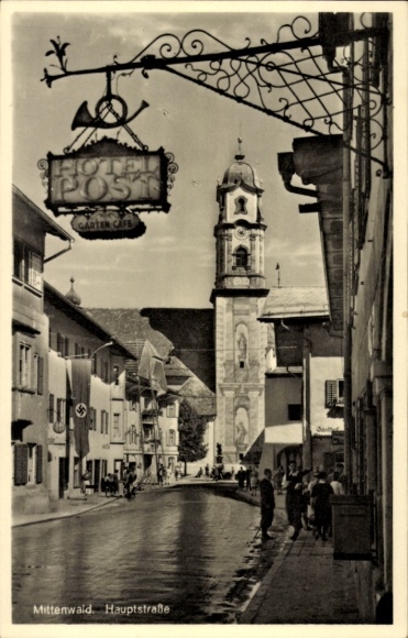 Postcard Mittenwald in Oberbayern, street section, main street