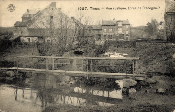 Postcard Theux Wallonia Liège, bridge over a small river, rural surroundings, houses in the background