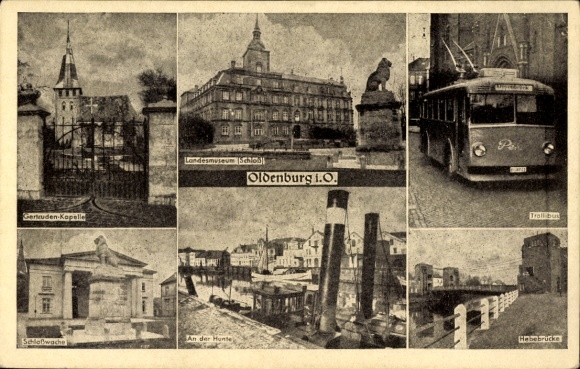 Ak Etzhorn Oldenburg in Oldenburg, Gertruden-Kapelle, Landesmuseum, Troll-bus, Hebebrücke, Hunte,