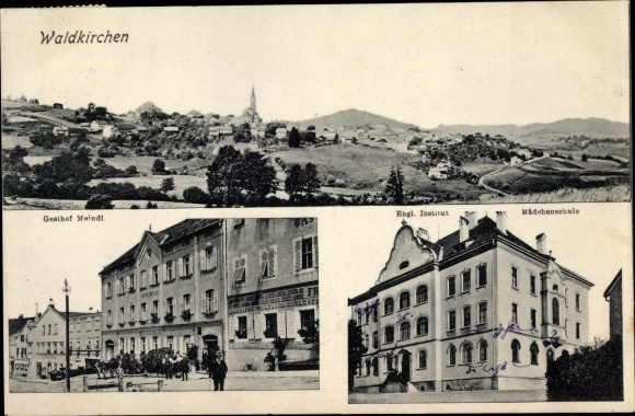 Ak Waldkirchen Niederbayern, Panorama, Gasthof Fritz Meindl, Engl. Institut, Mädchenschule