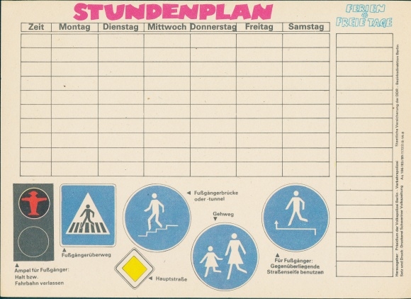 Timetable GDR Presidium of the People's Police Berlin, traffic education, street signs around 1970