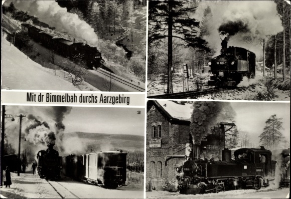 Postcard steam locomotives in the Ore Mountains, Hammerunterwiesenthal, Niederschmiedeberg, Steinbach, Kretscham