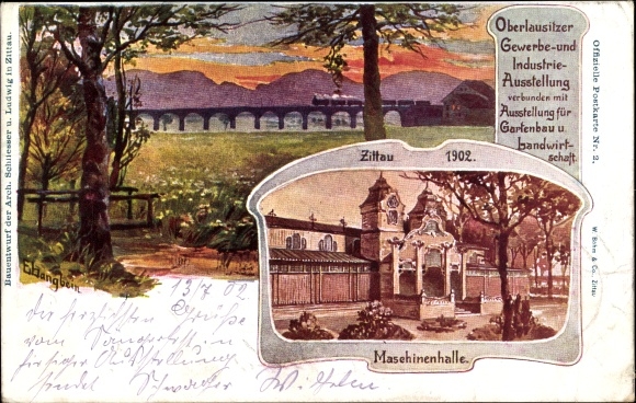 Kunstenaarskaart Langbein, Zittau, Opperlausitz handels- en industrietentoonstelling in 1902, machinehal
