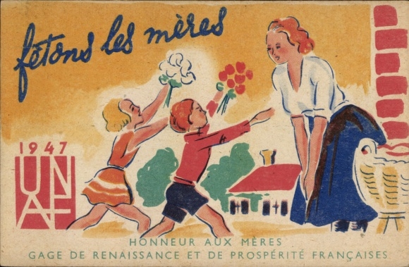 Postcard Congratulations, Mother's Day, children give their mother bouquets