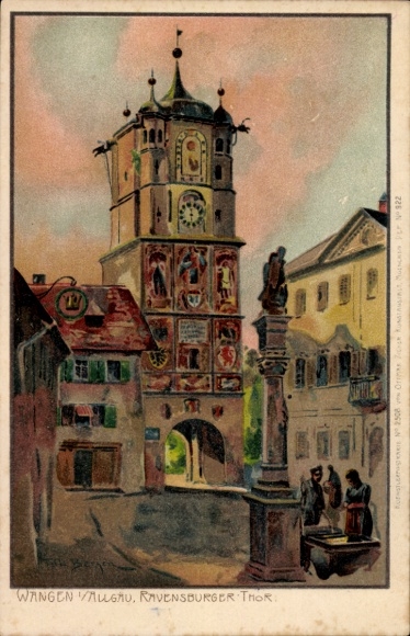 Postcard Wangen im Allgäu, historic clock tower, colorful figures, old architecture