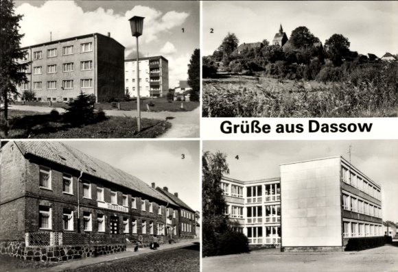 Postcard Dassow in Mecklenburg, new buildings, church, HO-Restaurant Volkshaus, Polytechnic High School