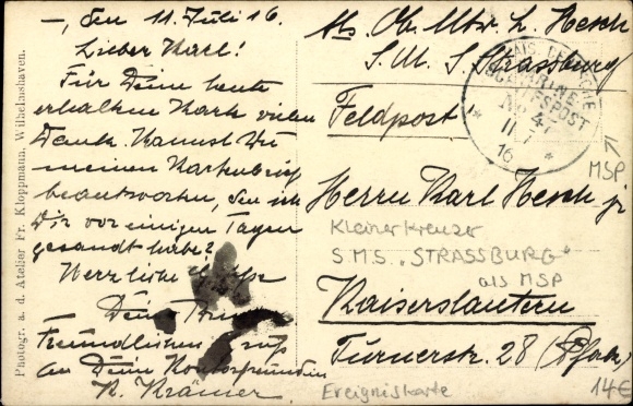 Zdjęcie Ak niemiecki okręt wojenny, SMS Strassburg, mały krążownik przed Groß Friedrichsburg 1913