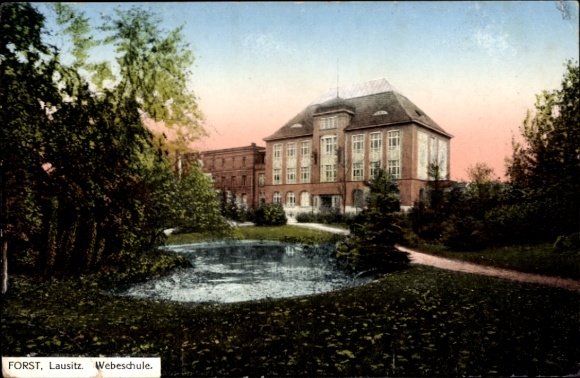 Postcard Forst in the Lausitz, weaving school, park landscape, tranquil scenery, evening sky