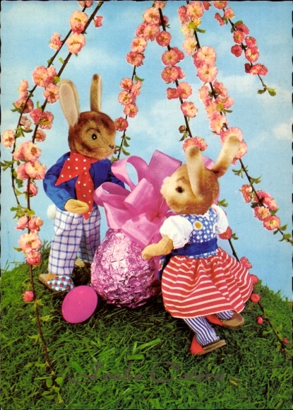 Ak Glückwunsch Ostern, Osterhasen, Ostereier, Baumblüte