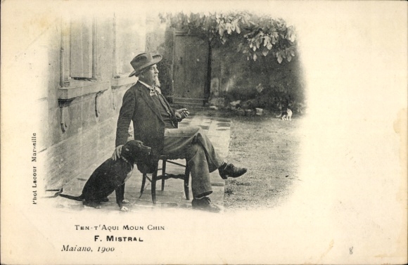 Ak Maiano Toskana, Dichter Frédéric Mistral mit seinem Hund, 1900