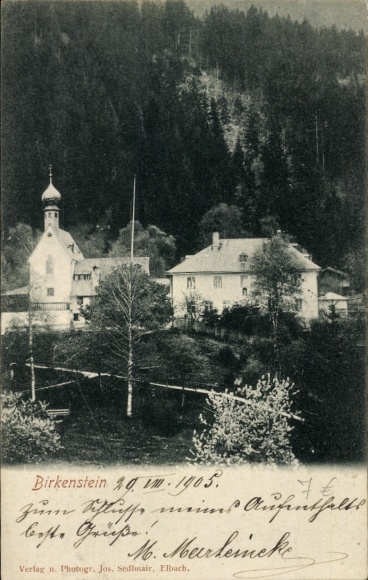 Postcard Birkenstein Fischbachau in Upper Bavaria, historic building with church, mountains, garden, post office...