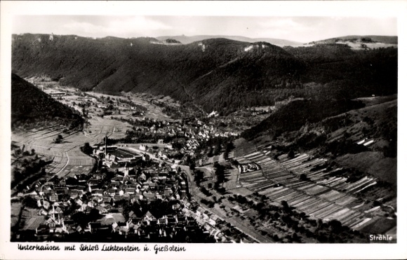 Postcard Unterhausen Lichtenstein in Württemberg, aerial view of Lichtenstein Castle