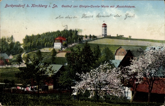 Postcard Burkersdorf Kirchberg in Sachsen, town view with Gasthof zur queen Carola Warte, observation tower