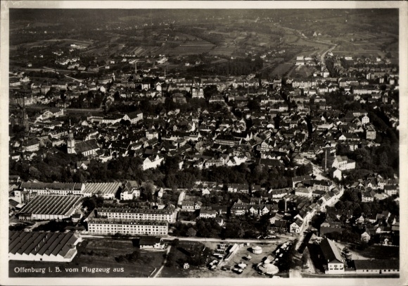 Postcard Offenburg in Baden Black Forest, aerial view of landscape, old town, buildings, streets