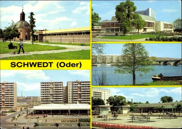 Postcard Schwedt an der Oder, Liberation Square, French Church, district culture house, HO department store