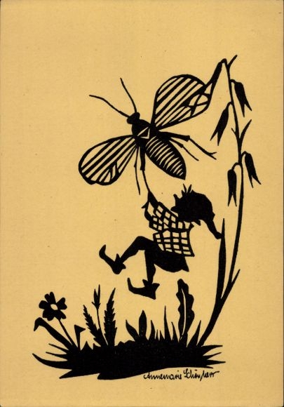 Paper cutting artist Postcard Schönherr, A., girl, insect, flower
