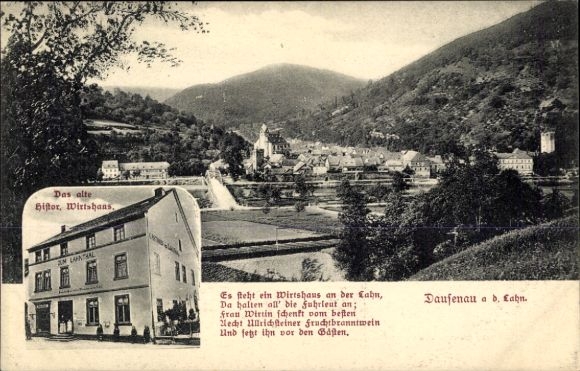 KP Dausenau an der Lahn, stary historyczny zajazd w Lahntal, panorama miasta