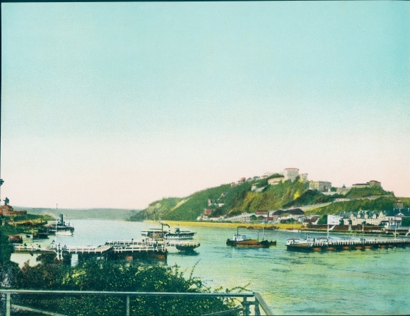 Chromo photo Ehrenbreitstein Koblenz am Rhein, ship bridge