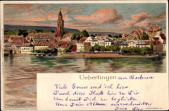 Artist Chromo-Litho Biese, C., Überlingen on Lake Constance, view of the place