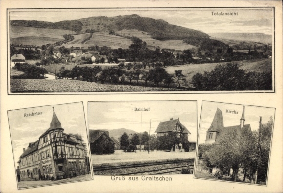 Postcard Graitschen near Bürgel Thuringia, general view, Ratskeller, church, train station
