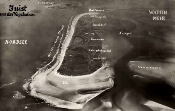 Postcard North Sea resort Juist in East Frisia, aerial view of the North Sea, Wadden Sea, Kalfamer, island village,