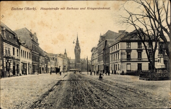 Postcard Dahme in der Mark, main street, town hall, war memorial, hotel
