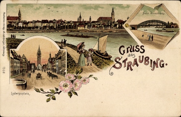Litho Straubing an der Donau Niederbayern, Ludwigsplatz, Neue Donaubrücke, Stadtansicht