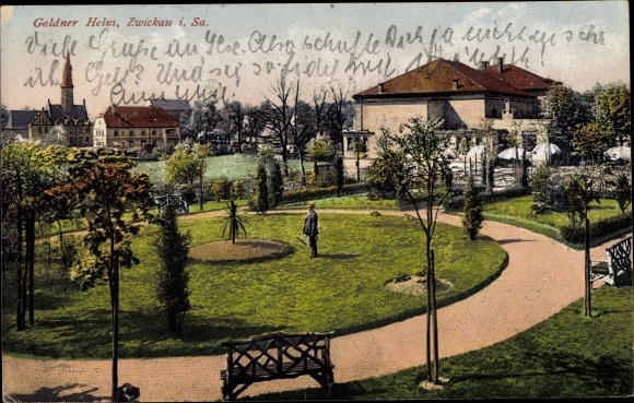 Ak Zwickau in Sachsen, Etablissement Goldener Helm, Grünanlage
