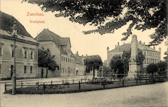 Postcard Zwenkau in Saxony, church square, monument