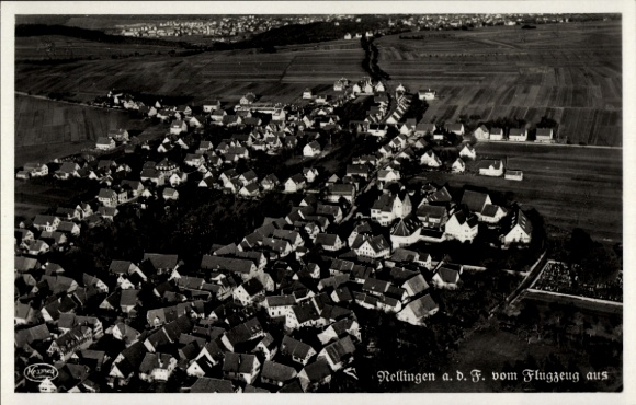 Postcard Nellingen on the Fildern Ostfildern, aerial view of Nellingen, many houses, rural surroundings