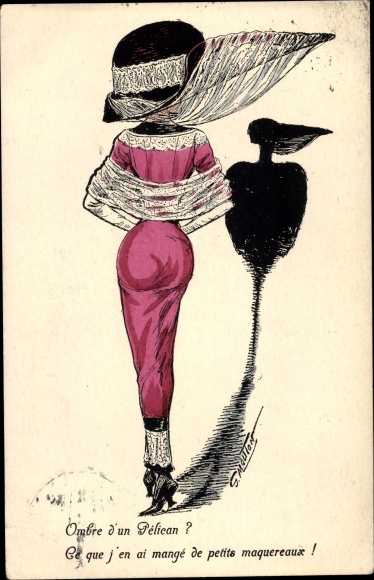 Artist PC Ombre d&#39;un Pelican, woman with hat, pelican, shadow