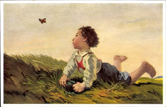 Künstler Ak Untersberger, Andreas, Entwischt, Kind auf einer Wiese, Schmetterling