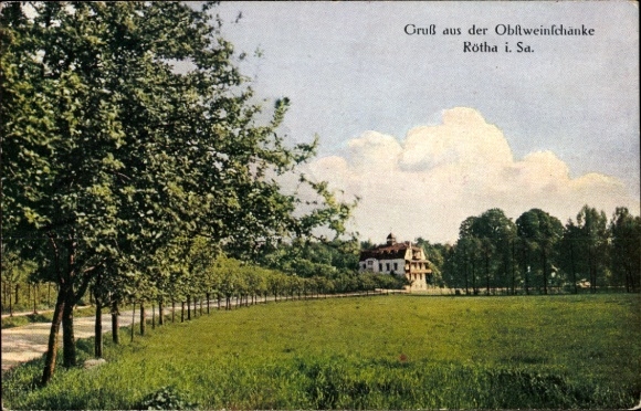 Ak Rötha in Sachsen, Gruß aus der Obftweinfchänke, Landschaft mit Bäumen, Gebäude im Hintergrund