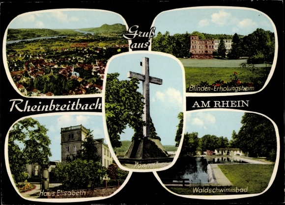 Postcard Rheinbreitbach am Rhein, convalescent home for the blind, forest swimming pool, Haus Elisabeth, paddock