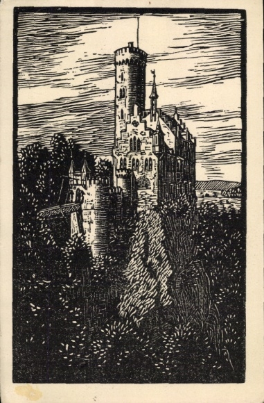 Artist Postcard Honau Lichtenstein in Württemberg, Lichtenstein Castle, woodcut