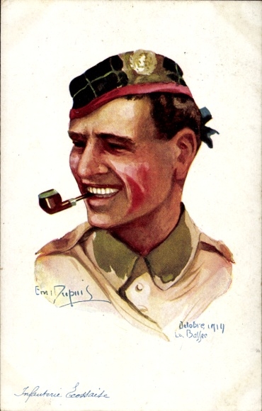Kunstenaar Ak Dupuis, em., Franse geallieerden, Schotse infanterist, pijp rokend