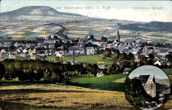 Ak Schlettau in het Erzgebirge Saksen, stadszicht, Scheibenberg, kasteel