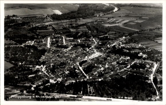 Postcard Philippsburg in Baden, aerial view of town, quiet landscape