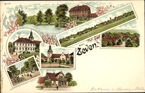 Chromo-Litho Zeven in Lower Saxony, District Office, Mill Pond, Lange Straße, Church