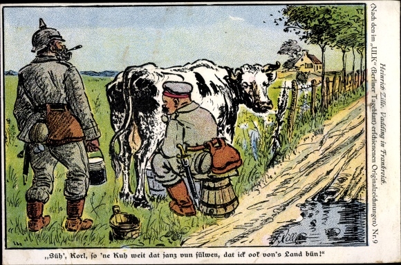 KP artysty Zille, Heinrich, Vadding we Francji, dowcip, Berliner Tageblatt, nr 9, żołnierz doi krowę