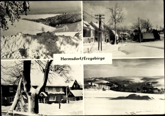 Postcard Hermsdorf in the Ore Mountains, snow-covered landscape, trees, houses, panorama, winter