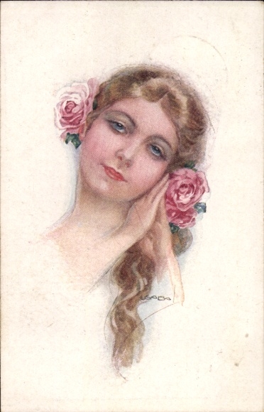 Künstler Ak Usabal, Luis, Frauenbildnis, junge Frau, Portrait, Rosen im Haar