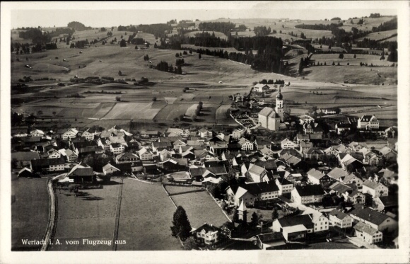 Postcard Wertach, aerial photograph of the town, church