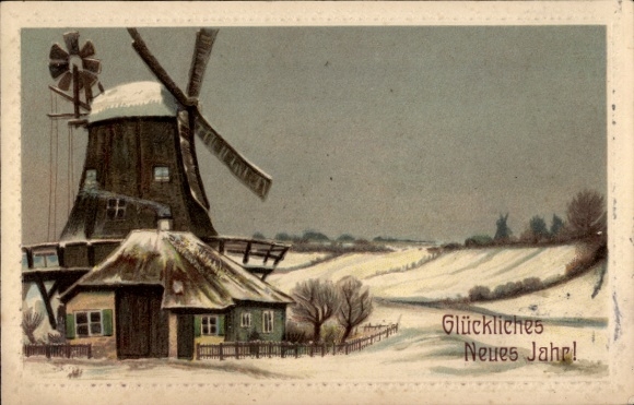 Embossed PC Happy New Year, windmill, snow, winter