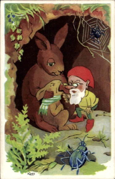 Postcard Dwarf examines a sick rabbit, spider, beetle